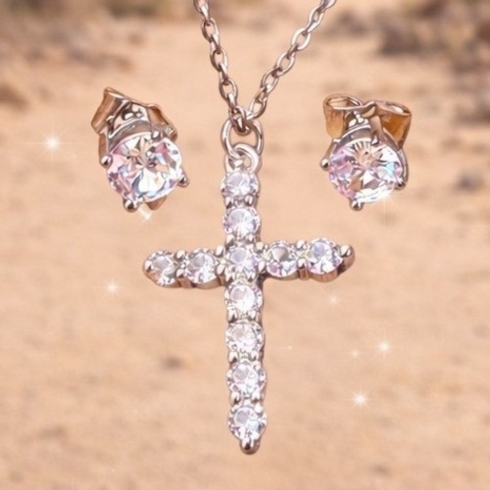 Religious Cross Necklace & Stud Earring Set Sterling Silver Moissanite Women 16 - Picture 3 of 7